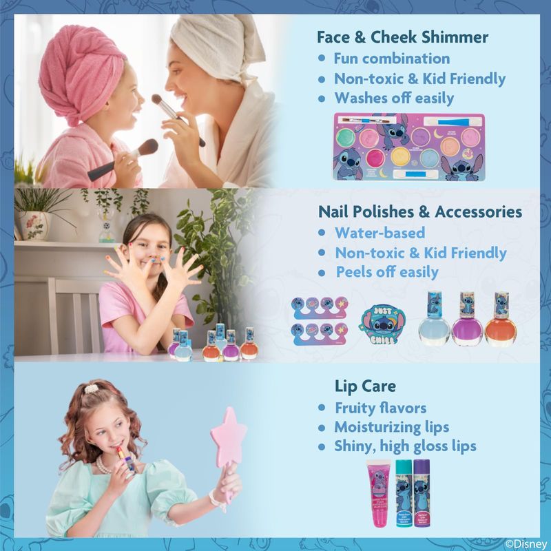 Stitch Train Case Beauty Set, Kids Makeup Kit for Girls, Real Washable Makeup Set, Play Makeup, Party Favor, Birthday, Ages 3 4 5 6 7 8 9 10 11 12 by Townley Girl
