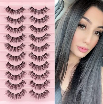 Veleasha Clear Band Lashes 10 Pairs Pack D Curl Russian Strip Lashes,Natural Look Transparent Soft Band Faux Mink Eyelashes for Eye Makeup (D03-T)