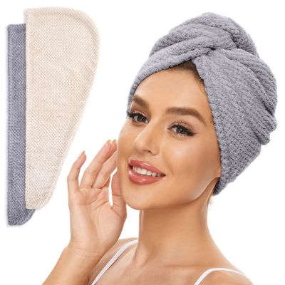 SimpleField 2 Pack Microfiber Hair Towel Wrap for Women, Anti Frizz Quick Drying Hair Turban for All Hair Style, Absorbent and Lightweight (Beige  Grey)