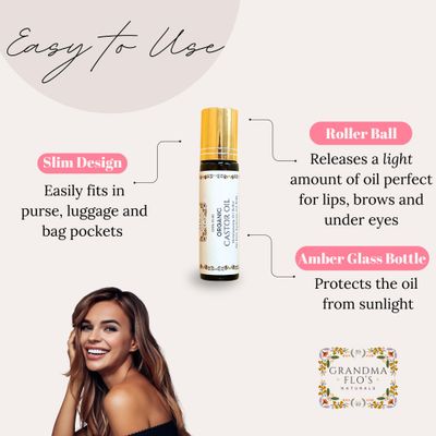 Pure Organic Castor Oil Roll On For Lips, Eyebrows, Under Eyes, Eyelashes and Cuticles - Easy, Less Mess Moisturizer Roller ball Cold Pressed, Hexane Free, Unrefined, Glass Bottle - Travel Size