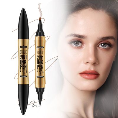 3D Four-Tip Eyebrow Pen &amp; Eyeliner Duo - Waterproof, Long-Lasting, Smudge-Proof, Easy to Use for Perfect Brows and Defined Eyes - Black Eyebrow Pencil &amp; Black Eyeliner
