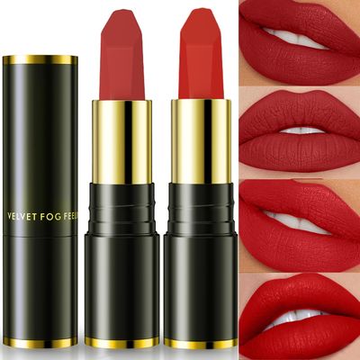 Jeffbaubl 2 Pcs Matte Lipstick,Velvet Matte Lip Sticks,Red Velvet Lipstick,Smudge Proof Long Lasting Lipstick,Waterproof Non-Stick Cup Lip Stain for Women Girls(Retro Red  Rouge)
