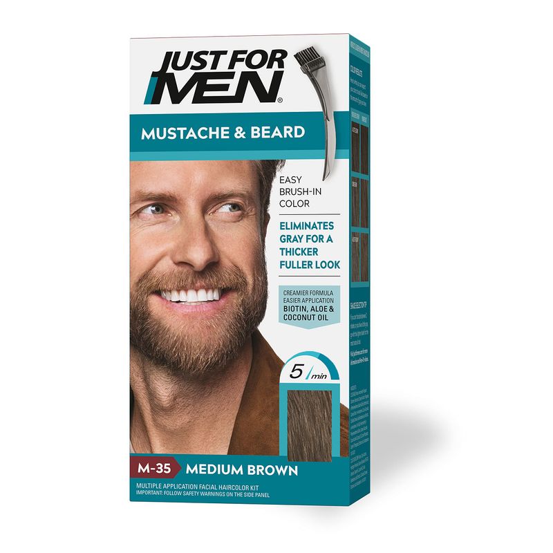 Just For Men Mustache &amp; Beard, Beard Dye for Men with Brush Included for Easy Application, With Biotin Aloe and Coconut Oil for Healthy Facial Hair - Medium Brown, M-35, Pack of 1