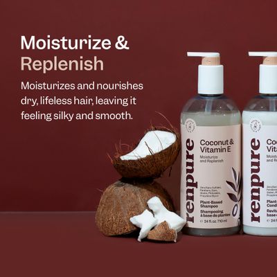 Renpure Plant Based Coconut and Vitamin E Moisturize and Replenish Shampoo - Ideal for Lifeless Hair - Leaves Hair Silky and Smooth - Rids Hair of Grime - Recyclable, Pump Bottle Design - 24 fl oz