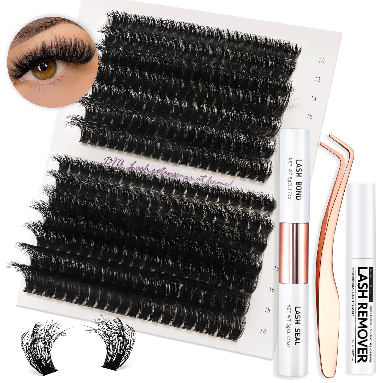 Vznffur Fluffy Lash Extension Kit 280Pcs Thick Eyelash Extension Kit 80D 100D Mix 10-18mm Volume Cluster Lashes Kit with Lash Bond and Seal Lash Tweezers Cluster Lash Remover for DIY at Home