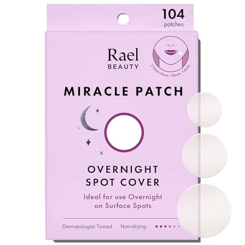 Rael Pimple Patches, Miracle Overnight Spot Cover - Hydrocolloid Acne Patch for Face, Zit &amp; Blemish, Thicker &amp; Extra Adhesion, All Skin Types, Vegan, Cruelty Free, 3 Sizes (104 Count)