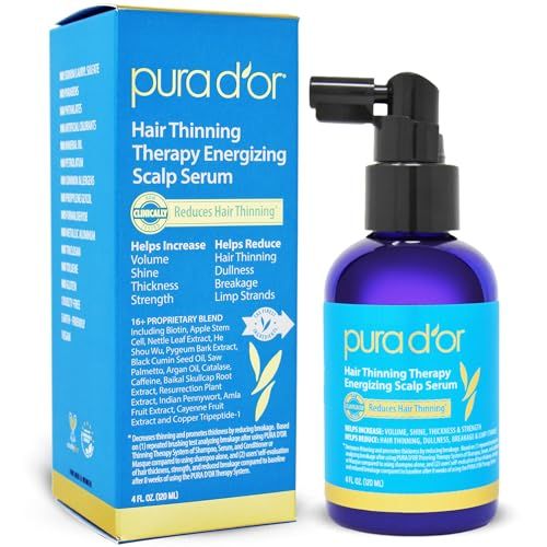 PURA D&#39;OR 4 Oz Hair Thinning Therapy Energizing Scalp Serum Revitalizer - Argan Oil, Biotin, Caffeine, Stem Cell, Catalase &amp; DHT Blockers, All Hair Types, Men &amp; Women