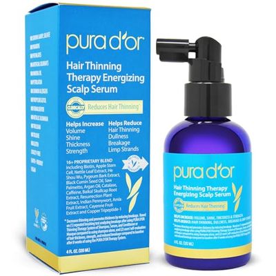 PURA D&#39;OR 4 Oz Hair Thinning Therapy Energizing Scalp Serum Revitalizer - Argan Oil, Biotin, Caffeine, Stem Cell, Catalase &amp; DHT Blockers, All Hair Types, Men &amp; Women