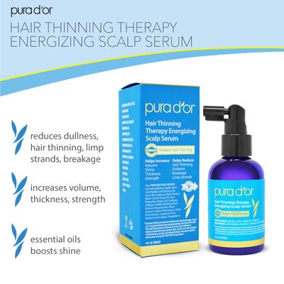 PURA D'OR 4 Oz Hair Thinning Therapy Energizing Scalp Serum Revitalizer - Argan Oil, Biotin, Caffeine, Stem Cell, Catalase &amp; DHT Blockers, All Hair Types, Men &amp; Women