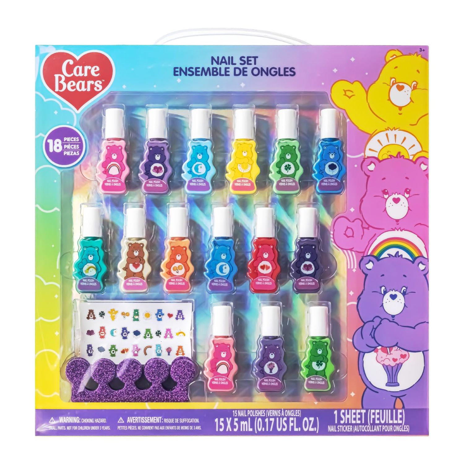 Townley Girl Care Bears 15 pcs Non-Toxic Nail Polish Set for Kids with Stickers &amp; Toe Spacers | Peel able &amp; Quick Dry | Birthday Gifts for Ages 3