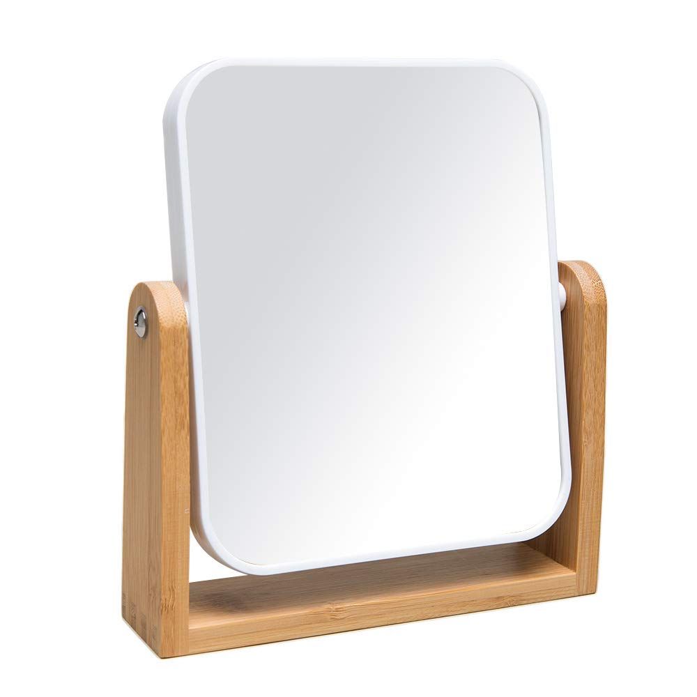 YEAKE Vanity Makeup Mirror with Natural Bamboo Stand,8 Inch 1X2X Magnification Double Sided 360 Degree Swivel Magnifying Mirror,Portable Table Desk Countertop Mirror Bathroom Shaving Make Up Mirror