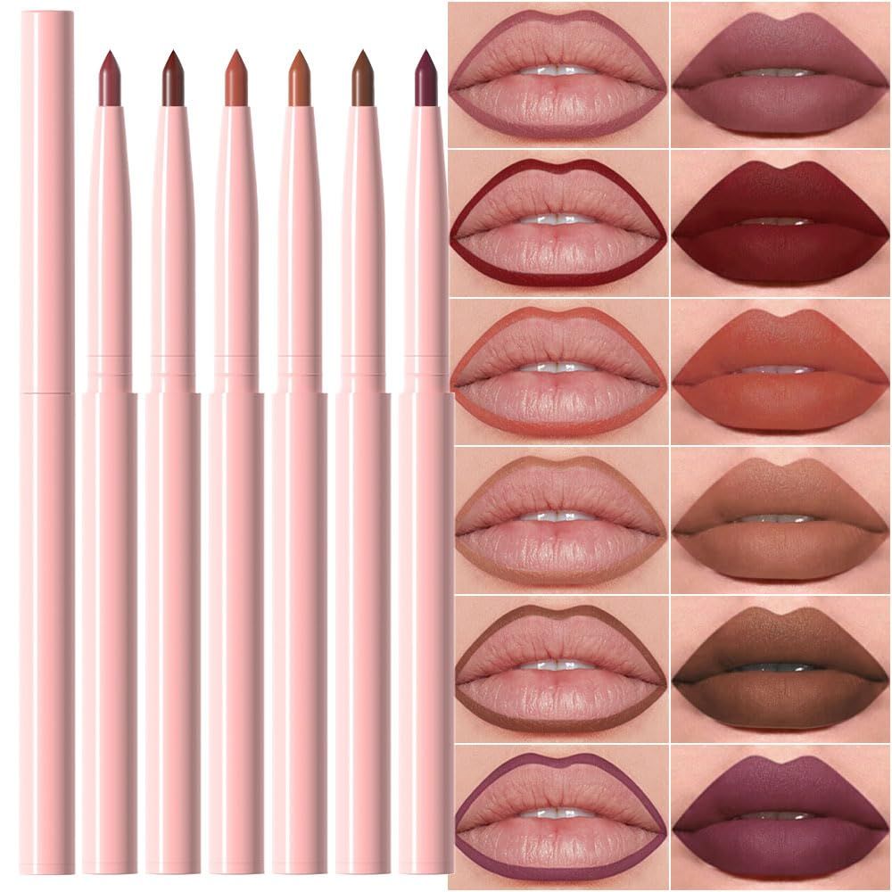 6 Pcs Natural Nude Brown Beige Colors Lip Liner Lipstick Pencils Set for Daily Makeup,Easy to Apply &amp; Remove,Waterproof