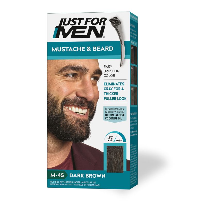 Just For Men Mustache &amp; Beard, Beard Dye for Men with Brush Included for Easy Application, With Biotin Aloe and Coconut Oil for Healthy Facial Hair - Dark Brown, M-45, Pack of 1