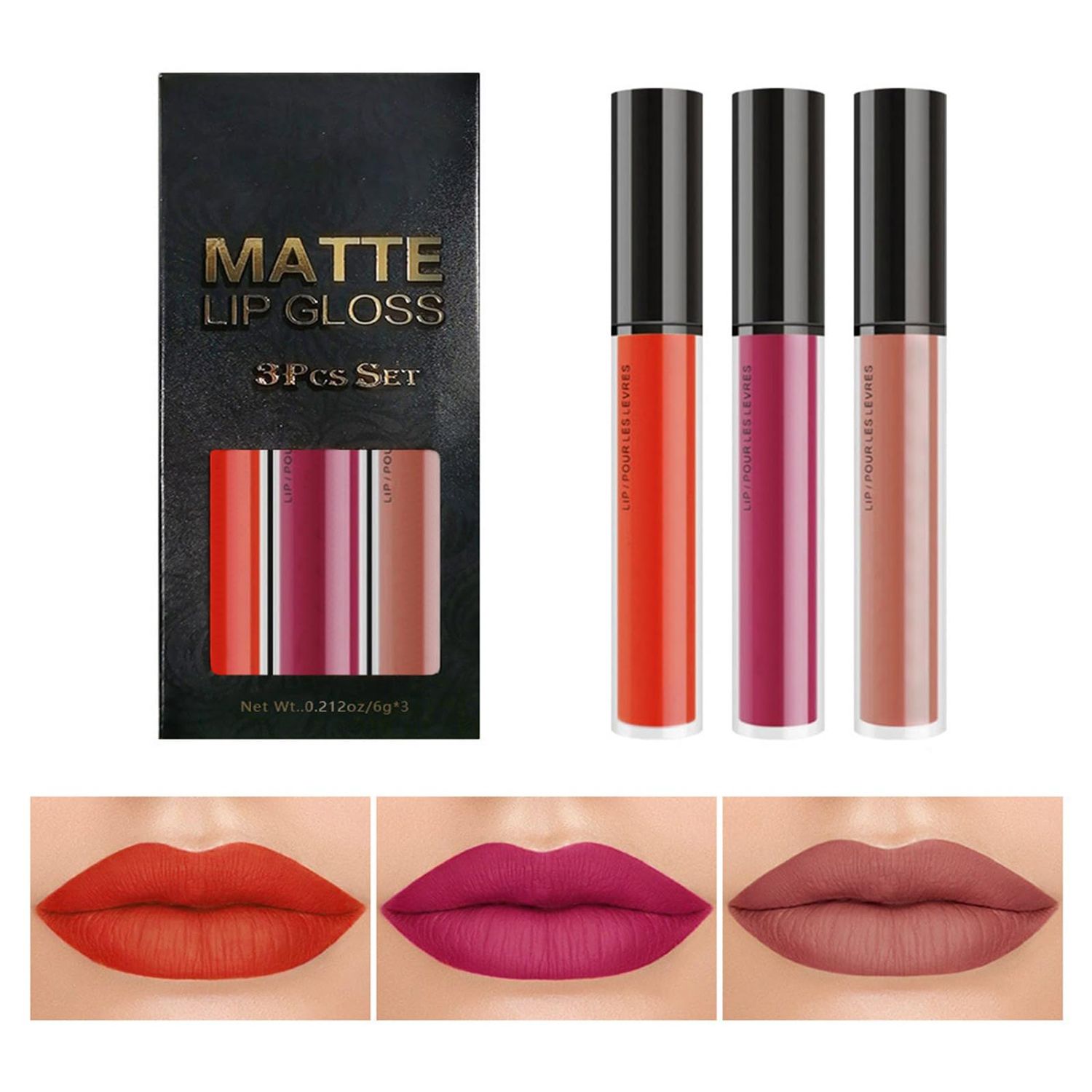 COOSA 3Pcs Matte 24-hour Liquid Lipstick Non-stick Cup Kit, Matte Waterproof Lipstick Lip Stain Long Lasting for Women Makeup Set (Aura Style)