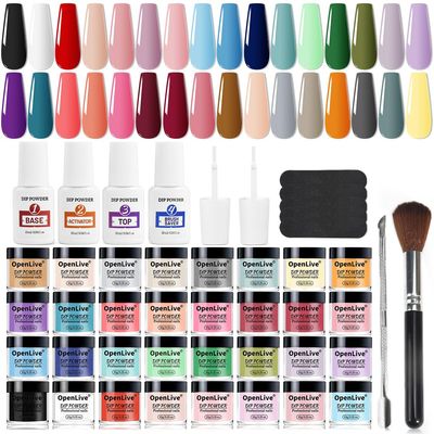 Openlive 32 Color Dip Nail Powder Starter Kit 36 Bottle Blue Cheese Yellow Nail Dip Powder Kit with Base Top Coat Activator Dip Powder Kit for French Nail Art Manicure DIY Salon