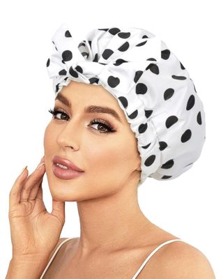 Luvruitaky Shower Cap Luxury Shower Caps for Women Reusable Waterproof Hair Cap for Shower with Adjustable Bowknot Hair Bath Cap (White)