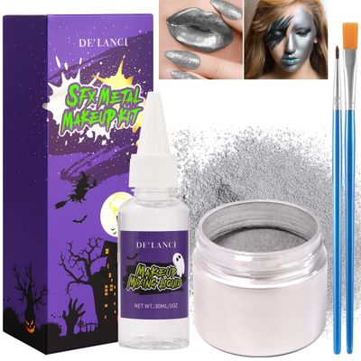 Silver Face Paint Metallic Powder Kit, Washable Body Paint Metal Powder with Mixing Liquid &amp; 2 Brushes, Halloween SFX Makeup for Adults &amp; Kids, Perfect for Stage Parties, Eyeliner, Nail, DIY 0.43 Oz