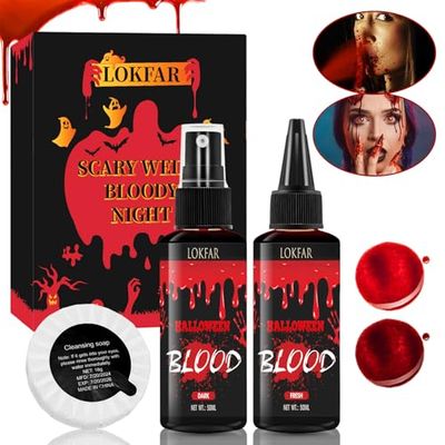 3PCS Halloween Fake Blood Makeup Kit, Fake Blood Spray 50ML  Dripping Blood 50ML  Cleansing Soap, Fake Blood Washable for Clothes Face Zombie Monster Vampire Cosplay SFX Makeup (Dark  Fresh)