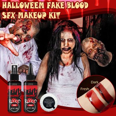 3PCS Halloween Fake Blood Makeup Kit, Fake Blood Spray 50ML Dripping Blood 50ML Cleansing Soap, Fake Blood Washable for Clothes Face Zombie Monster Vampire Cosplay SFX Makeup (Dark Fresh)