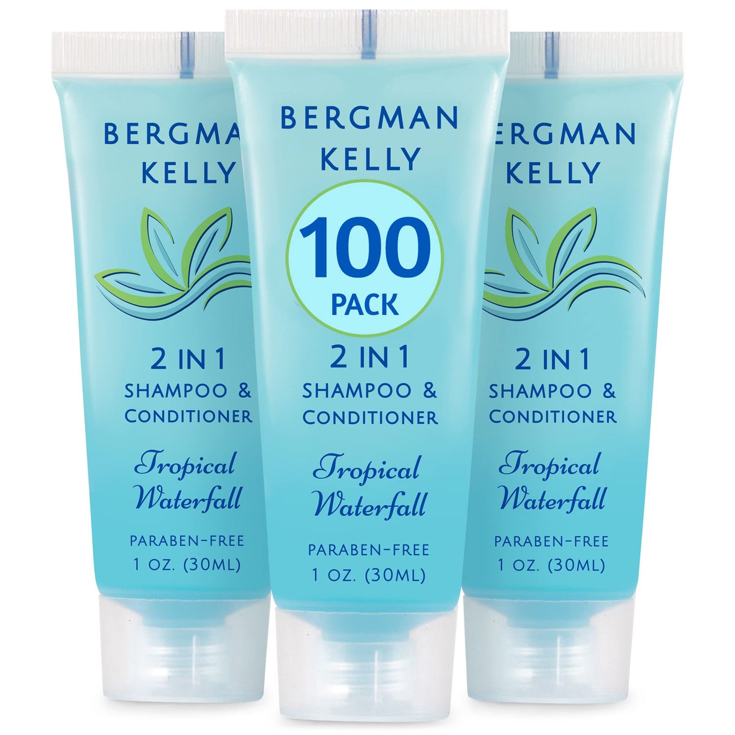 Bergman Kelly - Travel Size 2 in 1 Shampoo &amp; Conditioner - 1 fl oz, 100 PK, Tropical Waterfall - Delight Your Guests wInvigorating &amp; Refreshing Shampoo Amenities - Small Hotel Toiletries in Bulk