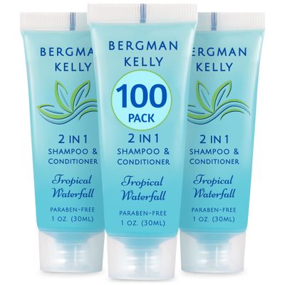 Bergman Kelly - Travel Size 2 in 1 Shampoo &amp; Conditioner - 1 fl oz, 100 PK, Tropical Waterfall - Delight Your Guests wInvigorating &amp; Refreshing Shampoo Amenities - Small Hotel Toiletries in Bulk