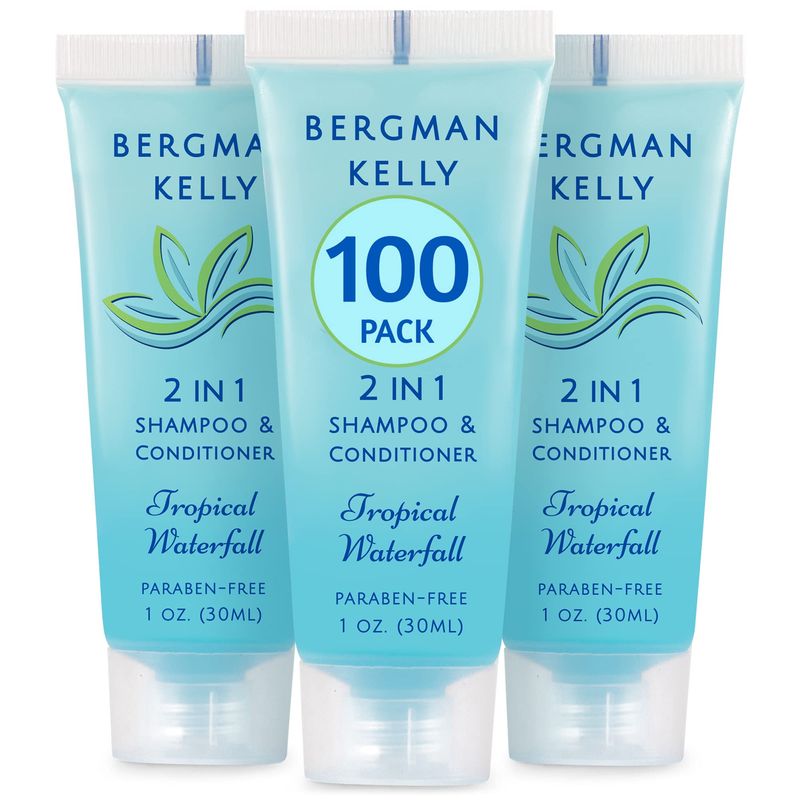 Bergman Kelly - Travel Size 2 in 1 Shampoo &amp; Conditioner - 1 fl oz, 100 PK, Tropical Waterfall - Delight Your Guests wInvigorating &amp; Refreshing Shampoo Amenities - Small Hotel Toiletries in Bulk