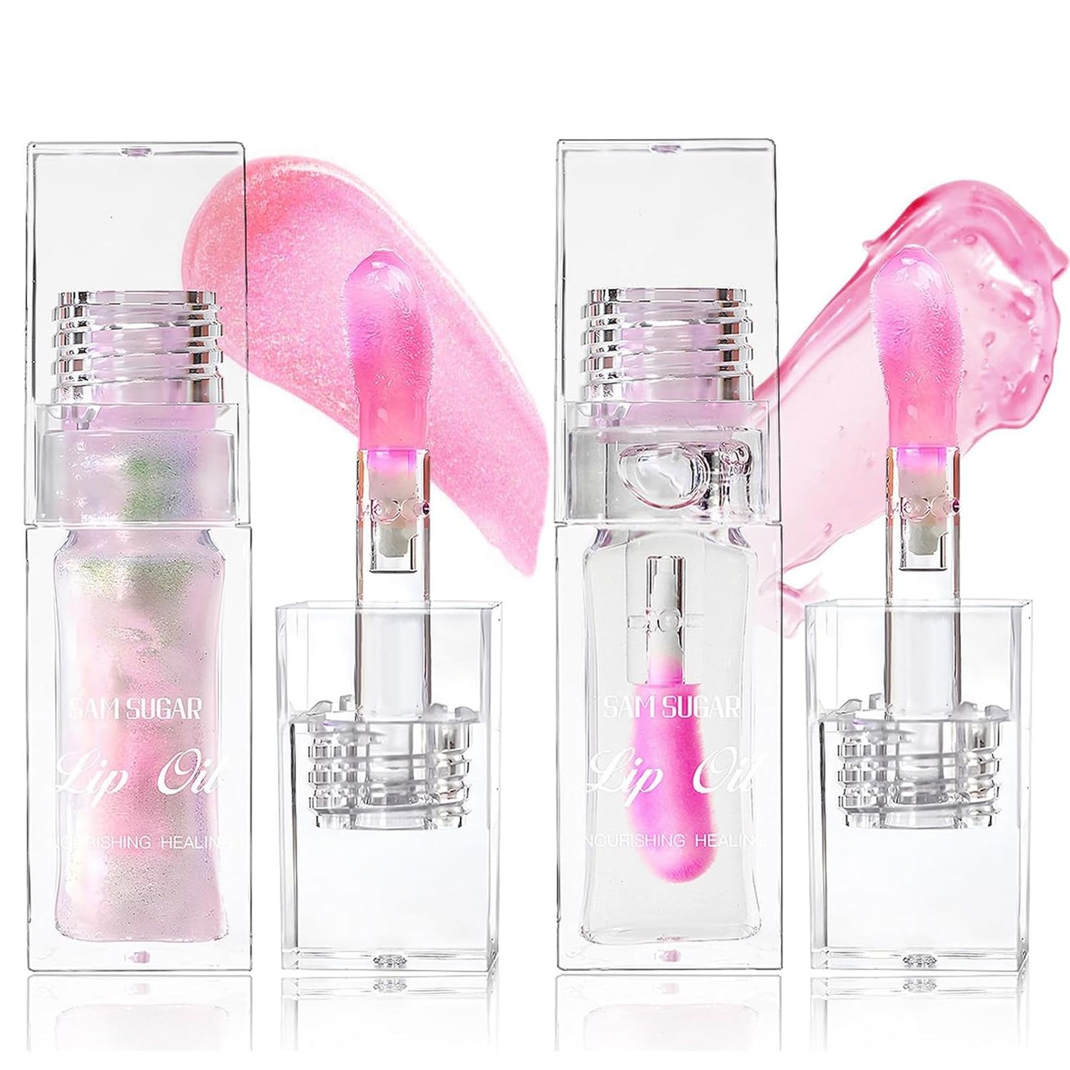 Color Changing Lip Oil,Clear to Pink Magic Big Brush Color Changing Hydrating Lip Glow Oil,Long Lasting Nourishing Non-sticky Lip Oil Tinted for Lip Care and Dry Lips (PinkTransparent)