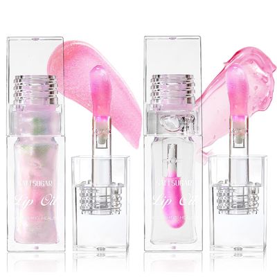 Color Changing Lip Oil,Clear to Pink Magic Big Brush Color Changing Hydrating Lip Glow Oil,Long Lasting Nourishing Non-sticky Lip Oil Tinted for Lip Care and Dry Lips (PinkTransparent)