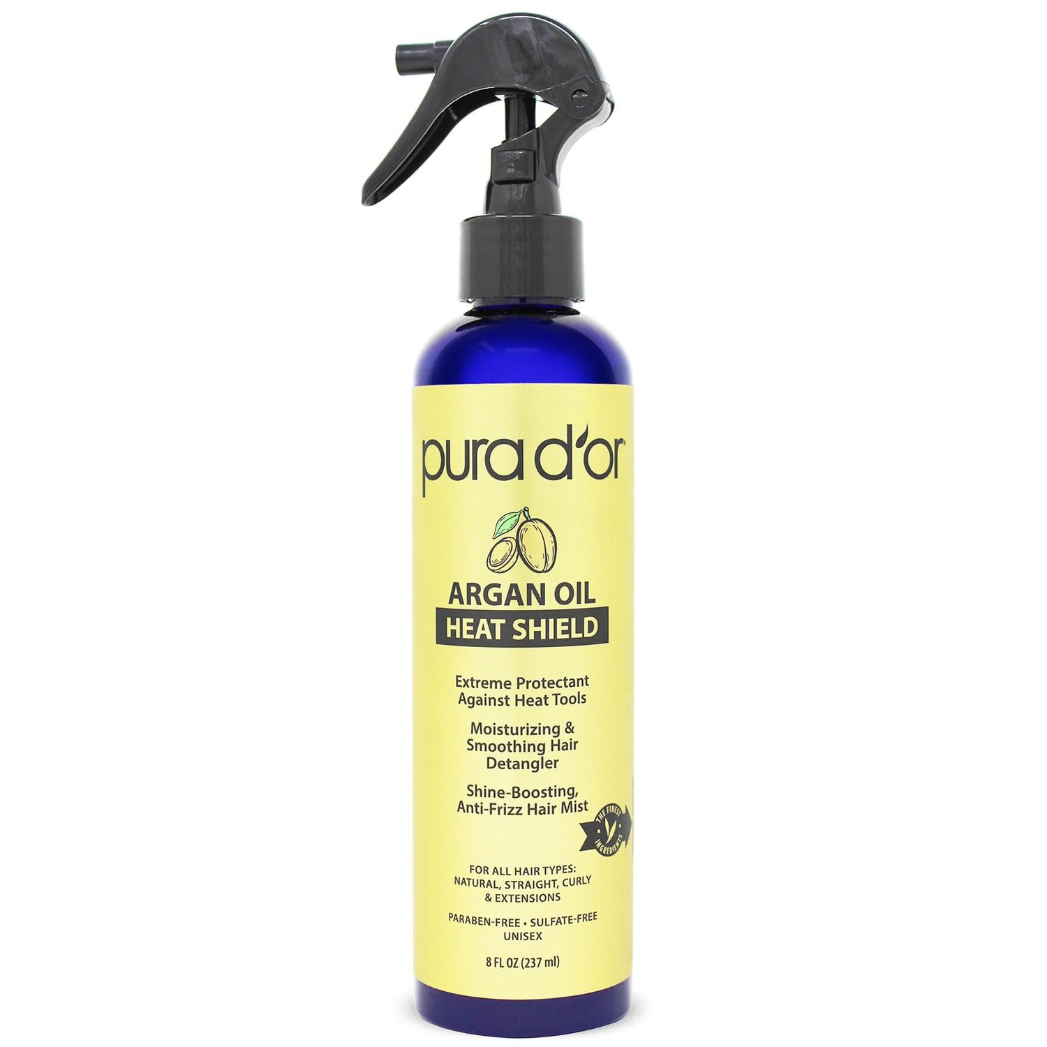PURA D&#39;OR 8 Oz Argan Oil Heat Shield Protectant Spray with Select Organic Ingredients, Protects Up To 450 F From Flat Iron &amp; Hot Blow Dry, Leave-In, Define &amp; Shine Dry &amp; Damaged Hair