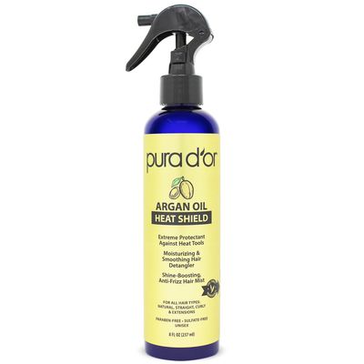 PURA D&#39;OR 8 Oz Argan Oil Heat Shield Protectant Spray with Select Organic Ingredients, Protects Up To 450 F From Flat Iron &amp; Hot Blow Dry, Leave-In, Define &amp; Shine Dry &amp; Damaged Hair