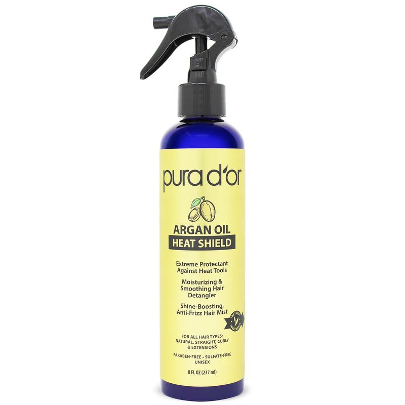 PURA D'OR 8 Oz Argan Oil Heat Shield Protectant Spray with Select Organic Ingredients, Protects Up To 450 F From Flat Iron &amp; Hot Blow Dry, Leave-In, Define &amp; Shine Dry &amp; Damaged Hair