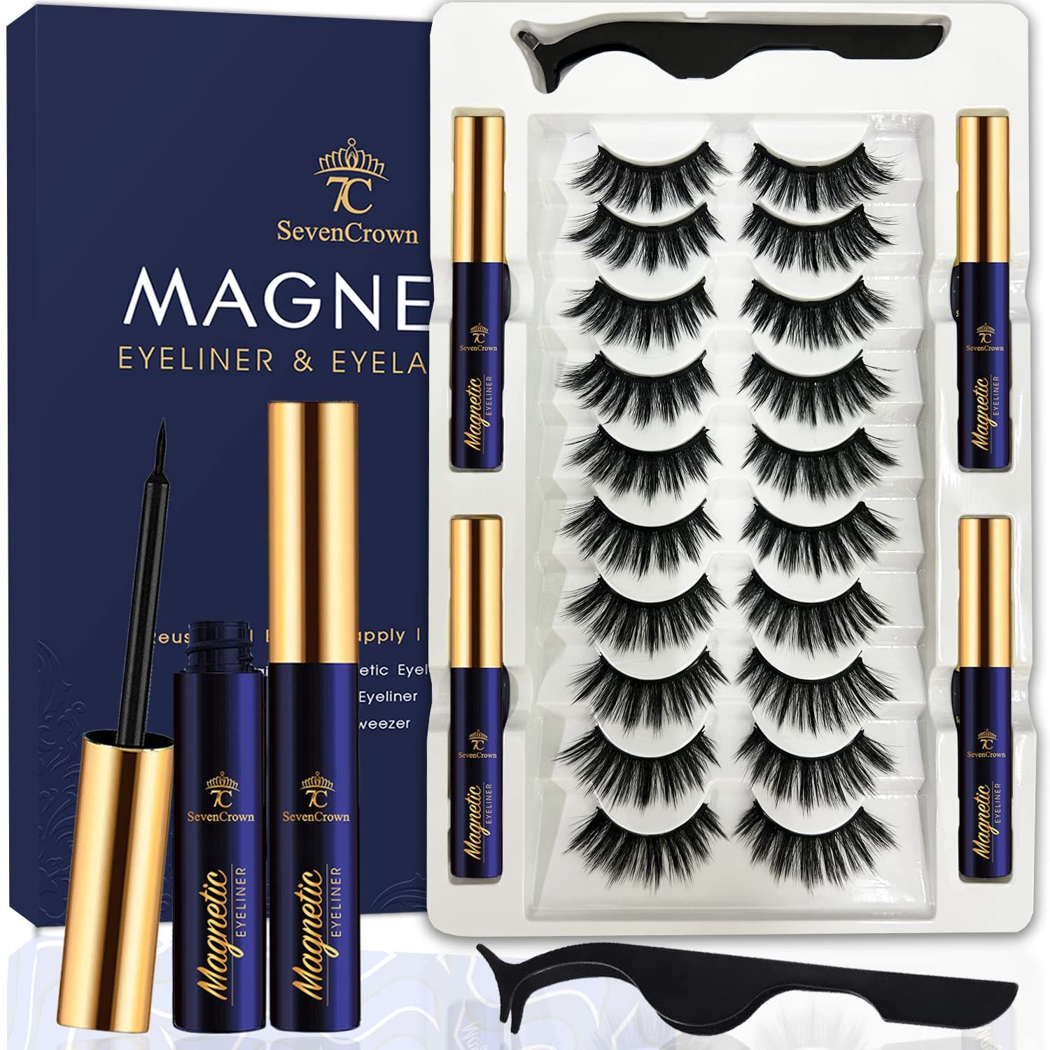 7C SevenCrown 3D Magnetic Eyelashes with Eyeliner, Cat-Eye Magnetic Lashes Natural Looking with 4 Tubes of Magnetic Liner ,Upgraded Waterproof, Long Lasting,10 Pairs Reusable False Eyelashes,