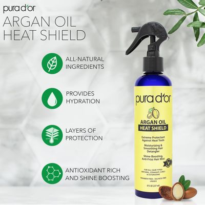 PURA D'OR 8 Oz Argan Oil Heat Shield Protectant Spray with Select Organic Ingredients, Protects Up To 450 F From Flat Iron &amp; Hot Blow Dry, Leave-In, Define &amp; Shine Dry &amp; Damaged Hair
