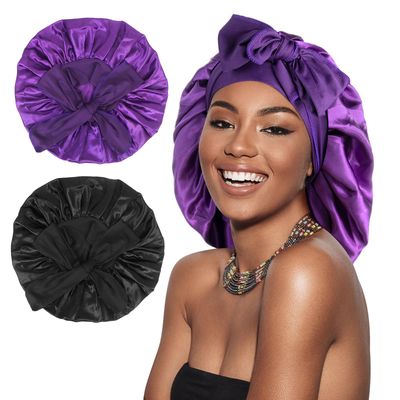Arqumi 2 Pcs Satin Silk Bonnet for Sleeping Women, Large Long Strap Tie Band Adjustable Sleep Night Cap Hair Bonnet Wrap for Men, BlackPurple