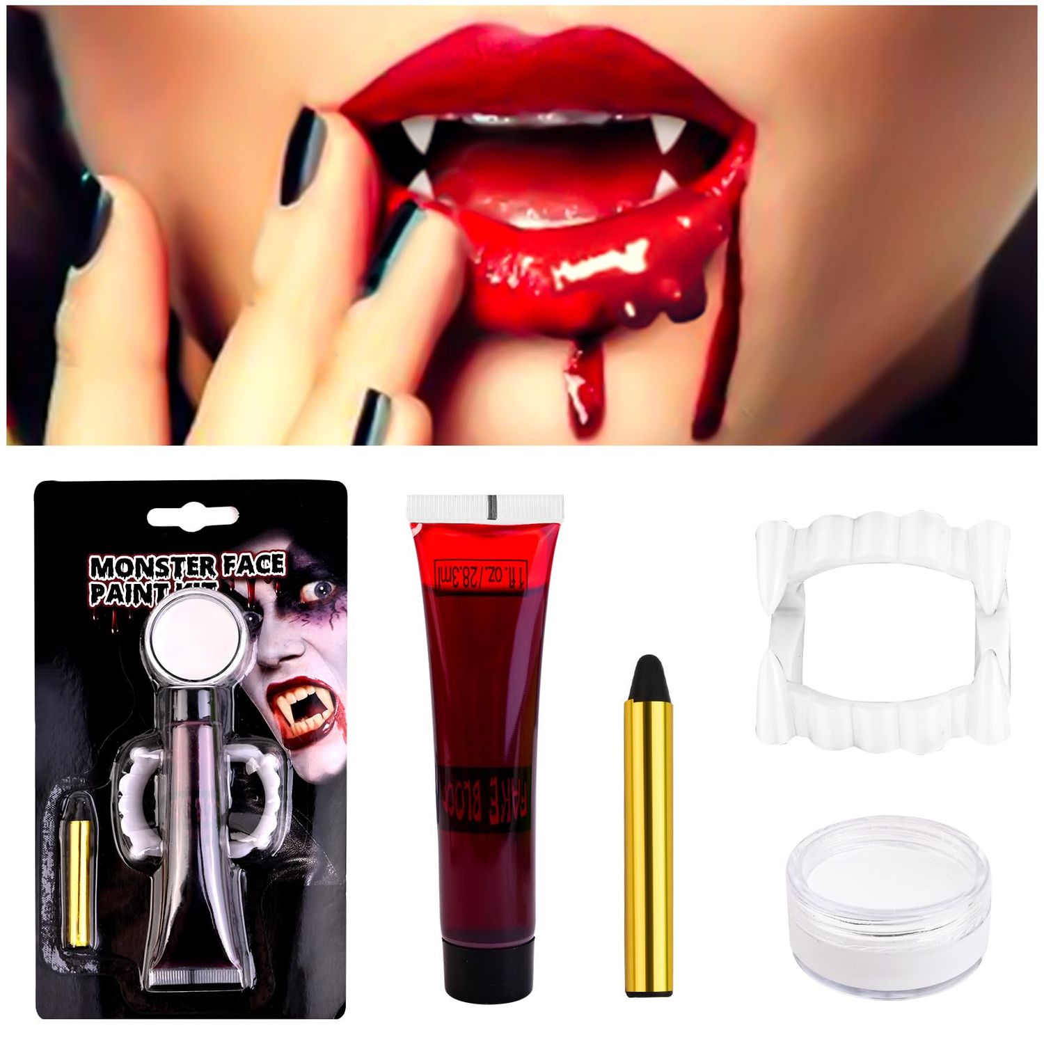 Halloween Fake Blood Washable  Fake Teeth Vampire Teeth  Black and White Face Painting Kit, Drip Liquid Blood for Clothes, Zombie, Vampire Monster SFX Makeup Face Body Paint
