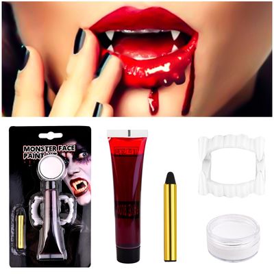 Halloween Fake Blood Washable  Fake Teeth Vampire Teeth  Black and White Face Painting Kit, Drip Liquid Blood for Clothes, Zombie, Vampire Monster SFX Makeup Face Body Paint