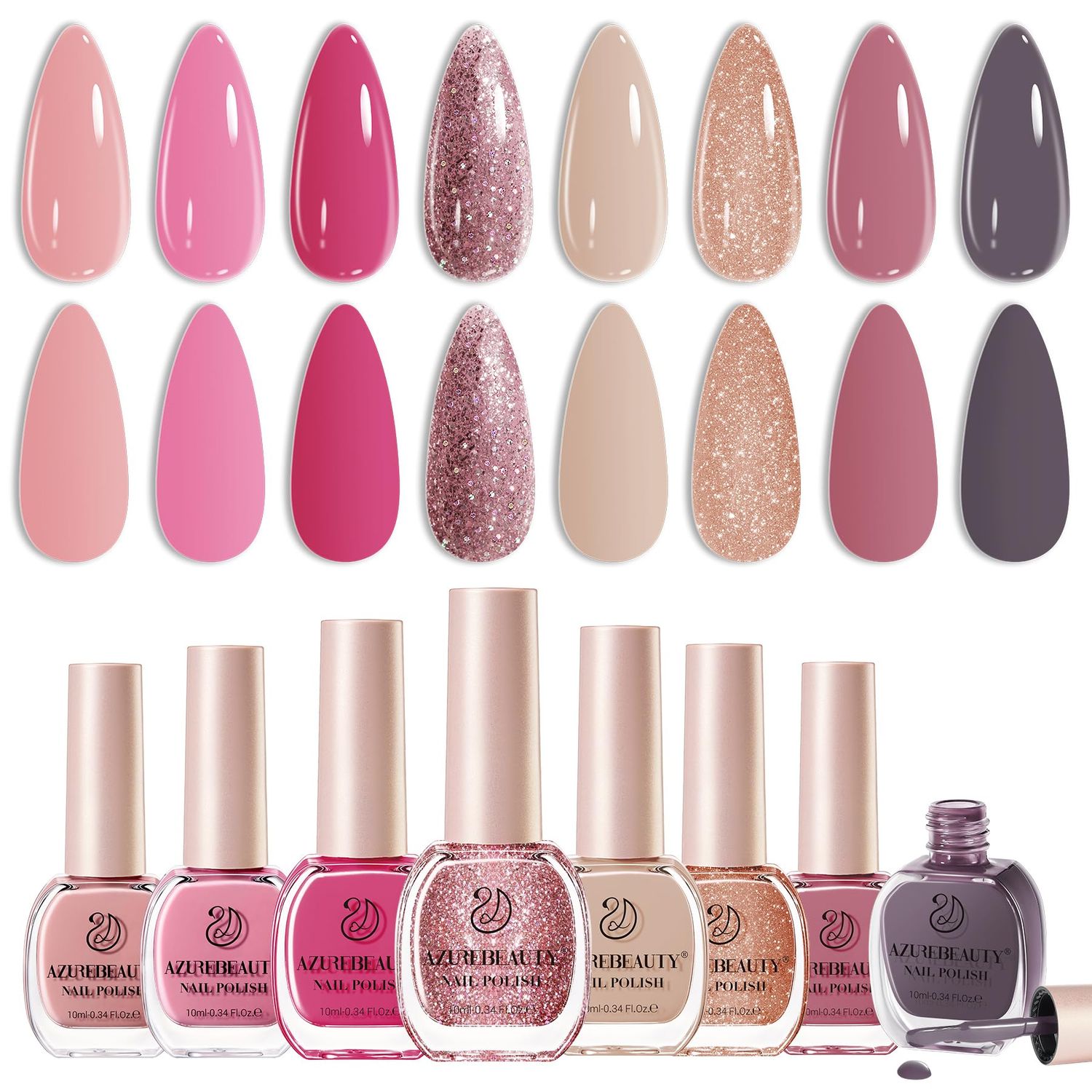 AZUREBEAUTY Vegan Nail Polish Set 8 Colors, Hot Pink Nude Grey Glitter Quick Dry Natural Nail Lacquer Strengthening Treatment Kit DIY Salon