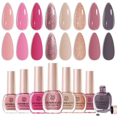 AZUREBEAUTY Vegan Nail Polish Set 8 Colors, Hot Pink Nude Grey Glitter Quick Dry Natural Nail Lacquer Strengthening Treatment Kit DIY Salon