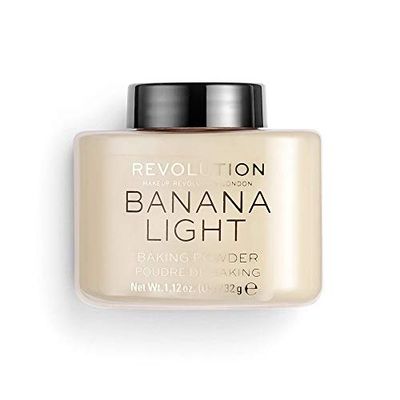 Makeup Revolution Loose Baking Powder, Banana Light, For Light Skin Tones, Balances Skin Tone &amp; Banishes Shine, Matte Finish, Vegan &amp; Cruelty-Free, 0.15 Oz