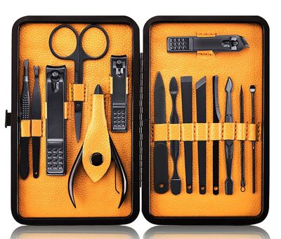 Keiby Citom Professional Stainless Steel Nail Clipper Travel &amp; Grooming Kit Nail Tools Manicure &amp; Pedicure Set of 15pcs with Luxurious Case (BlackYellow)