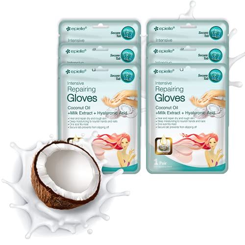 Epielle Intensive Repairing Hand Masks - 6 Pack | Deep Moisture Gloves for Dry, Cracked Hands | Enriched with Coconut Oil &amp; Milk Extract | Korean Skincare