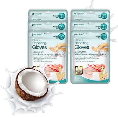 Epielle Intensive Repairing Hand Masks - 6 Pack | Deep Moisture Gloves for Dry, Cracked Hands | Enriched with Coconut Oil &amp; Milk Extract | Korean Skincare