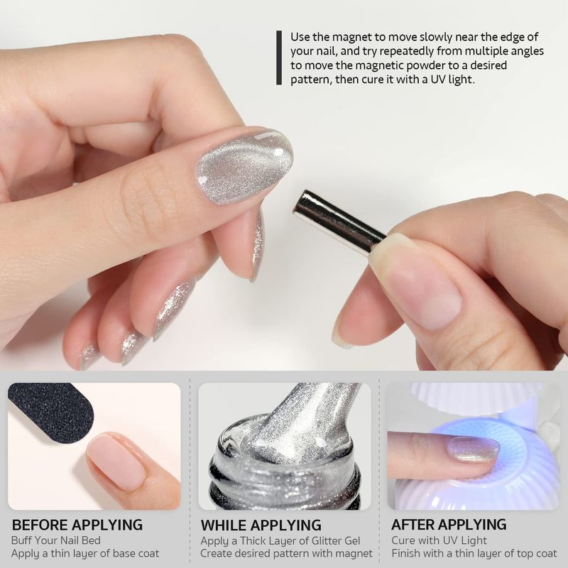 GAOY Cat Eye Gel Nail Polish, Glitter Holographic Nail Polish with Magnet, 16ml Reflective Translucent UV Gel for Nail Art, 1138 Silver