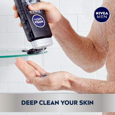 NIVEA MEN DEEP Active Clean Charcoal Body Wash, Exfoliating Body Wash for Men with Natural Charcoal, 3 Pack of 16.9 Fl Oz Bottles