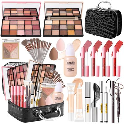 Makeup Kit for Women, Makeup Full Kit for Beginners Teens Girls, Makeup Bundle Include 2 Matte &amp; Shimmer Eyeshadow Palettes, Blush Contour Highlighter Palette, Lip Gloss Set, Concealer - Black Case