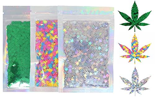 3 Pack - Green, Rainbow &amp; Silver Holographic Leaf Glitter - Solvent Resistant &amp; Cosmetic Grade - Face Body Nails Resin Arts &amp; Crafts, Tumblers, Bath Bombs, Resin - Weed Pot Marijuana Leaf
