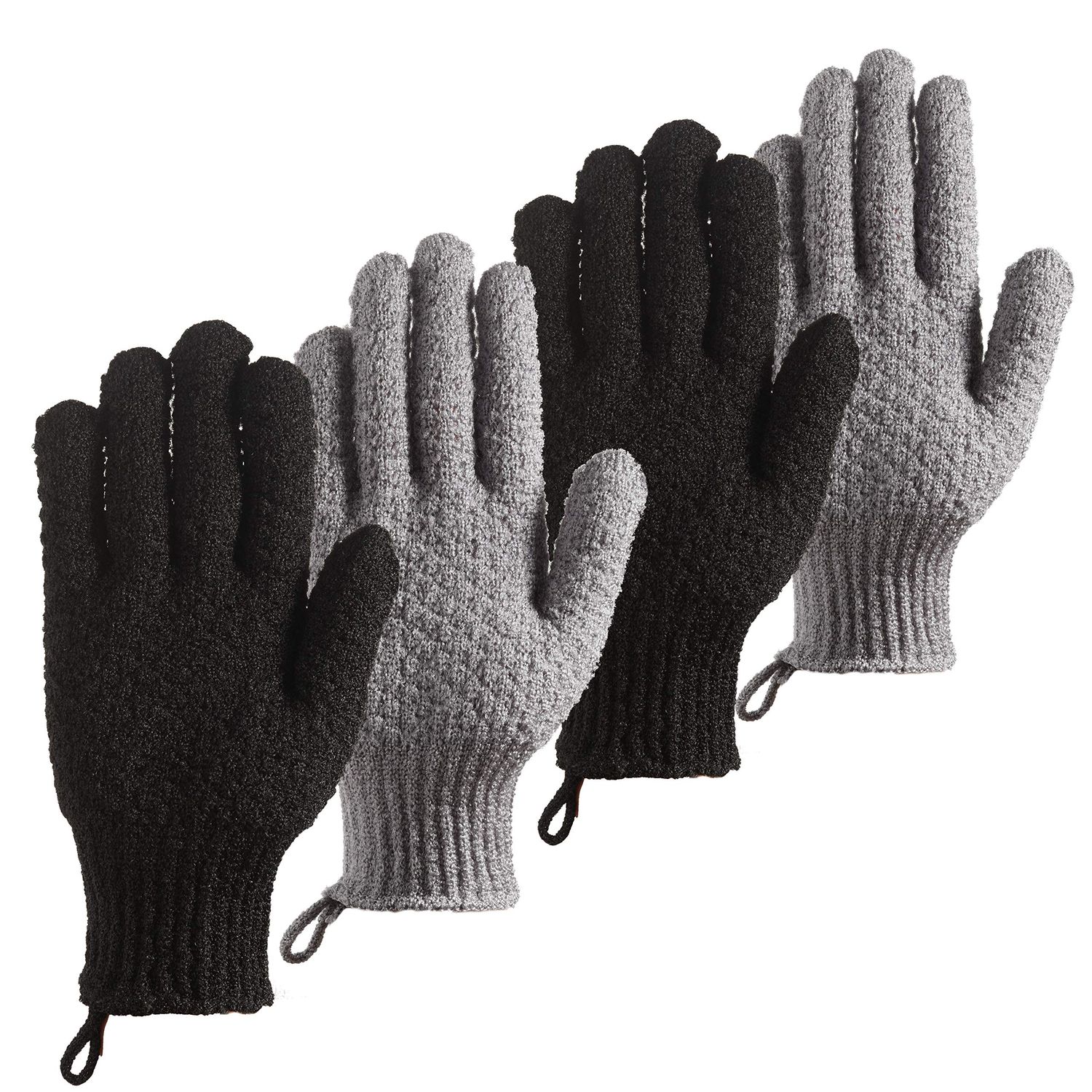 CLEEDY Bath Exfoliating Gloves Scrub - 4 Pcs Lengthened and Large Exfoliating Scrubbing Gloves for Shower, Spa, Massage - Scrub Exfoliating Mitts for Body, Face, Hand and Foot (Black and Gray)
