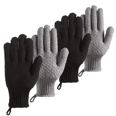CLEEDY Bath Exfoliating Gloves Scrub - 4 Pcs Lengthened and Large Exfoliating Scrubbing Gloves for Shower, Spa, Massage - Scrub Exfoliating Mitts for Body, Face, Hand and Foot (Black and Gray)