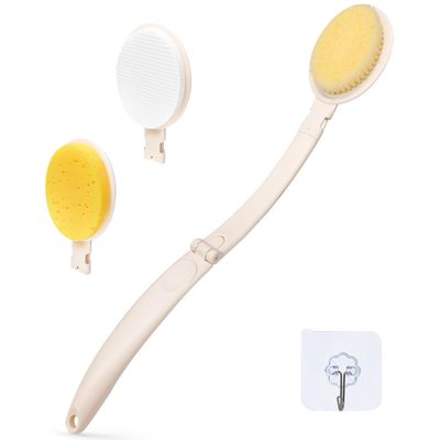 LFJ 19&quot; Long Handle Shower Sponge Brush Set, 3 in 1 Body Brush, Bath Sponge and Lotion Applicator Improved Skin Health, Suitable for Men and Women (White Brush-1P)