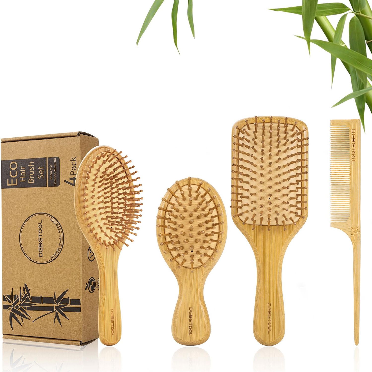 DEBETOOL Bamboo Hair Brush and Comb Set for Women Men and Kids,Natural Bamboo wood Wide-tooth brush and tail comb - Paddle Detangling Brush for Wet Dry Curly Hair